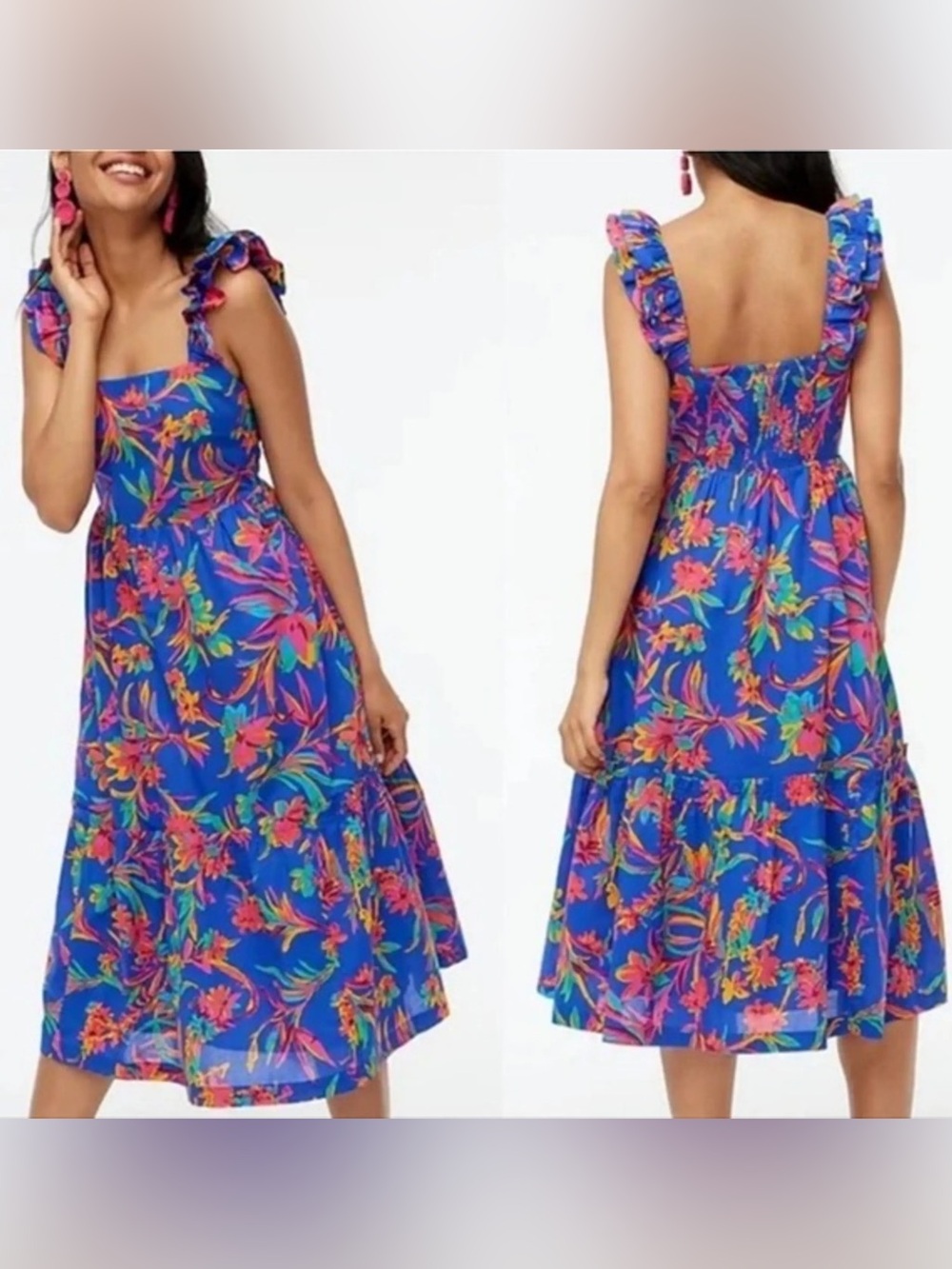 J. Crew Blue Tropical Floral Ruffle-Shoulder Midi Dress Size 12